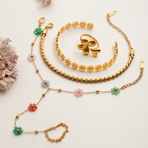 Flower Pattern Stainless Steel Jewelry <b>Set</b> For Women Beach Vacation Style Ring And <b>Bracelet</b> Gold Color - Product Image 4