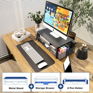 2-Tier Office Desk Organizer and Accessories Computer <strong>Monitor</strong> <strong>Stand</strong> <strong>with</strong> <strong>Drawer</strong> and 2 Pen Holders - Product Image 4