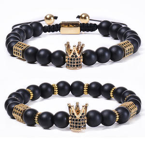 2021 New 8 mm <strong>Black</strong> Frosted Stone <strong>Beaded</strong> Gold Plated CZ Crown Charm Bracelet Adjustable White and <strong>Black</strong> Zircon Couples Bracelets - Product Image 1