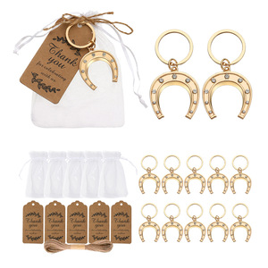 Porte-clés en forme de fer à cheval, pendentif en alliage d'or, résistant à la rouille, cadeau de mariage, cadeaux de fête avec sac et étiquette, ensemble de 15 pièces - Product Image 1