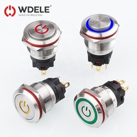 Sakelar Tombol Tekan Logam WD19mm Dua Warna Stainless Steel Instan/Berpengunci, Lampu Cincin LED