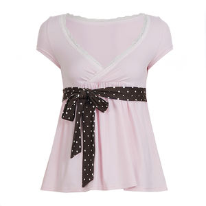 Camiseta de Verano para Mujer, Estilo Y2K, con Cuello en V, Cintura Ajustable, Manga Corta, Estampado de Lunares, Blusa Informal a la Moda - Product Image 6