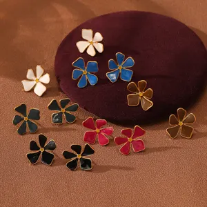 Stainless Steel Colorful Oil Dropping Flower Stud Earrings 18 K Gold Plated Earrings Women Fashion Jewelry