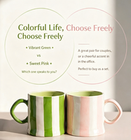 Tasse à café en céramique rayée peinte à la main de 220 ml, design esthétique, rose et vert, en porcelaine, pour thé au lait, cadeau idéal pour fille ou couple