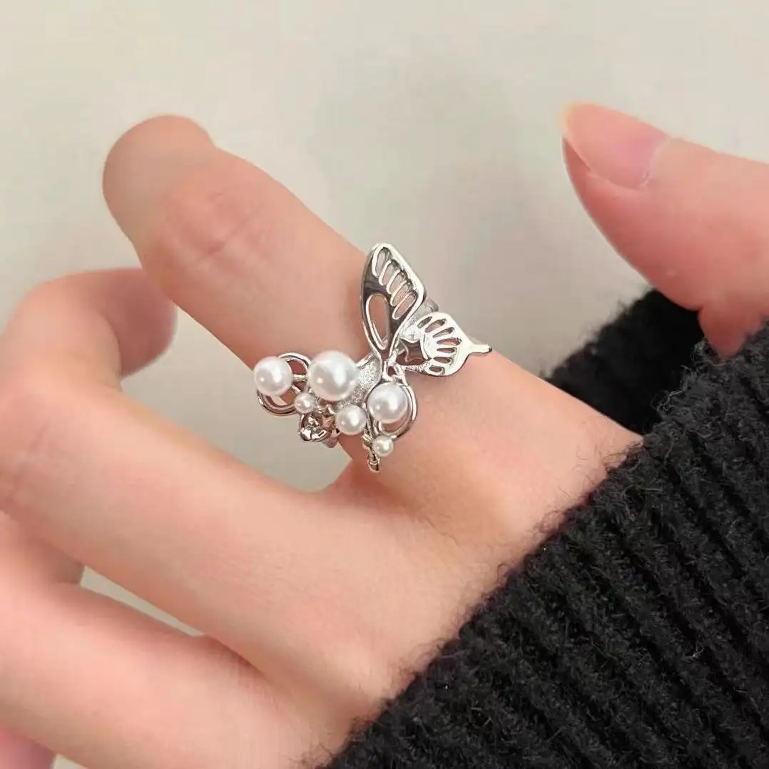 Woying dreidimensionale Perle Schmetterling Ring für Damen Nischen-Design personalisiert französisch offener Indexfinger Ring Mode Schmuck