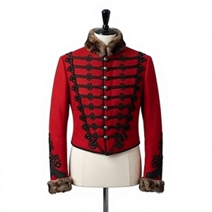 Veste Hussarde Vintage Homme Rouge Style Blazer en Laine avec Broderie Tressée Noire et Bordure en Fourrure pour Cérémonie - Product Image 1