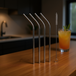 Bent Drinking <b>Straws</b> Set Of 5 Stainless Steel <b>Reusable</b> With Cleaning Brush For Cocktails And Beverages - Product Image 3