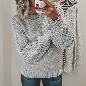 Pull à manches longues et col rond pour femme, tricot gris uni, Smlxl, vêtements décontractés pour printemps, automne et hiver - Product Image 1