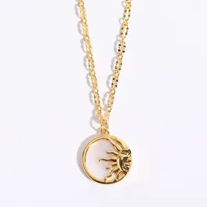 Retro three-dimensional Sun Moon round coin mothershell pendant jewelry Titanium steel furnace solid gold plating 18k necklace