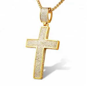 Hip Hop Kreuz Anhänger Halskette Icy Bling Vergoldete Zirkon Diamant Kreuz Anhänger Edelstahl Kreuz Anhänger für Männer Schmuck