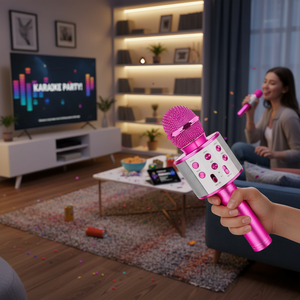 Myrva Rechargeable <b>Microphone</b> Pink Bluetooth <b>Wireless</b> Karaoke Mic With Volume Control And Built In Speaker For Home Use - Product Image 3