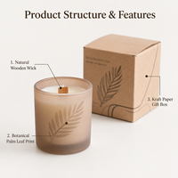 Stoples Lilin Kaca Buram dengan Tutup Kayu dan Cetakan Daun Palem Botani dengan Kotak Kemasan Kraft
