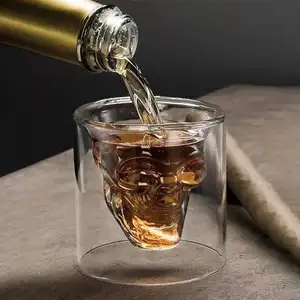 骷髅咖啡杯双层透明水晶头玻璃杯，用于万圣节威士忌伏特加酒吧俱乐部啤酒酒杯