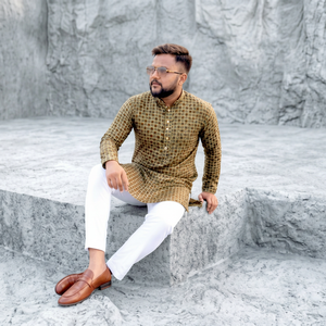 Conjunto Kurta Pathani para Hombre, Estampado Geométrico, Camisa Larga con Cuello Mandarín, Atuendo Étnico Indio Pakistaní - Product Image 1