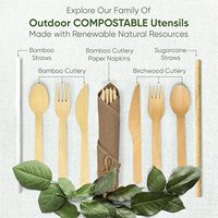 Ensemble de serviettes en papier brun pré-roulées et de couverts en bambou (50 paquets) 100% biodégradables, emballés individuellement, jetables