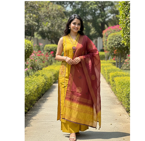 Conjunto de Kurta de Algodón Color Mostaza Radiante para Mujer, Bordado, de Secado Rápido, Sin Arrugas, Ropa Étnica Tradicional - Product Image 1