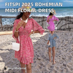 เดรสลำลองสไตล์โบฮีเมียนลายดอกไม้สำหรับผู้หญิง Fitspi 2025 แบบไม่มีสายคล้องไหล่ ความยาวปานกลาง แขนสั้น เอวยางยืด ชุดฤดูร้อนพร้อมดีเทลด้านหน้า - Product Image 2