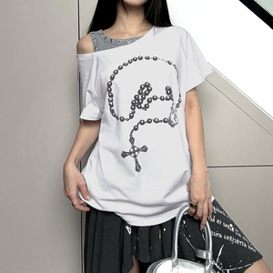 เสื้อกล้ามพิมพ์ลายไขว้สีตัดกัน คอเสื้อแบบอสมมาตร แต่งดีเทลตาไก่ ทรงหลวม ใส่ซ้อนกันได้ สไตล์สตรีท โชว์ไหล่ - Product Image 4