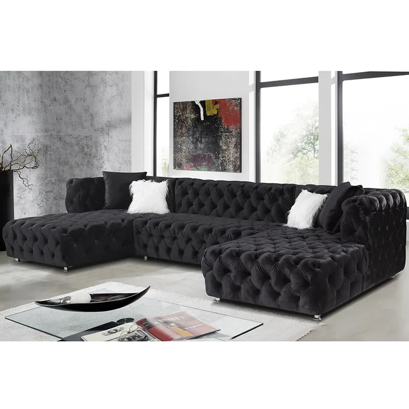 Sofá de terciopelo para sala de estar, 8 asientos, color negro, novedad, venta al por mayor de fábrica