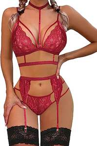 Venta al por Mayor Conjunto de Lencería de Encaje para Mujer Talla Grande con Liguero Medias Gargantilla Extraíble y Panty Bordado de Malla - Product Image 3