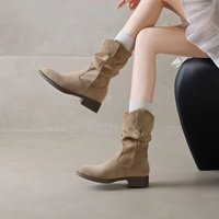 Bottes mi-mollet pour femmes, style décontracté coréen, en daim véritable doux, couleur caramel, talon plat, collection printemps