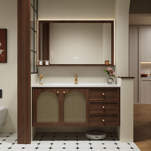 New Smart Walnut Color Bathroom Vanity with Storage Mirror Cabinet Oak Hot-Bent Integrated Basin LED Light - Product Image 4