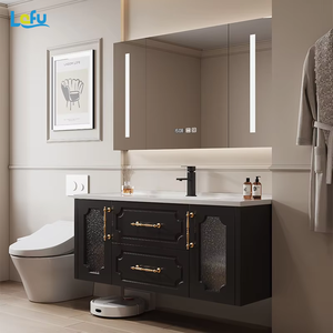 Mueble de baño de madera de caucho francés moderno, acabado de laca negra, juego de <span class=keywords><strong>lavabo</strong></span> de cerámica MDF impermeable, <span class=keywords><strong>armario</strong></span> de <span class=keywords><strong>lavabo</strong></span> - Product Image 4
