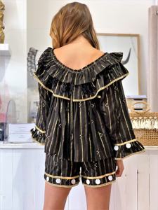 Bold Black Beautiful Trim & Tassel Mujer Blusa y pantalón Ruffle & Mirror Decor Boho Flossy Tela de algodón Top & Short - Product Image 4