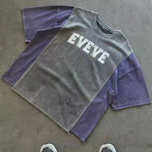 Camiseta personalizada con bloques de color Camiseta con estampado lavado vintage de cuello redondo de algodón puro - Product Image 1