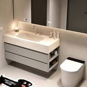 Meuble de salle de bain intelligent avec miroir, armoire d'extension en aluminium alvéolé, vasque intégrée en dalle de roche pliée à chaud sur mesure - Product Image 5