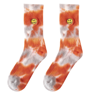 Chaussettes unisexes OEM Harajuku Hip Hop Tie Dye avec logo brodé Smiley Face, coton côtelé, streetwear, chaussettes pour femmes, logo personnalisé - Product Image 1