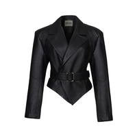 Blouson en peau de mouton véritable blanc cassé pour femme, col ouvert, écologique, anti-plis, uni, automne, court, ourlet asymétrique, ceinturé