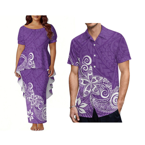 Tenues de couple pour dîner <span class=keywords><strong>polynésien</strong></span> - Robe Puletasi pour <span class=keywords><strong>femme</strong></span> en polyester à manches bouffantes style tailleur et chemise décontractée pour homme - Product Image 2