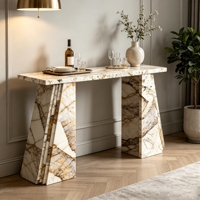 Table console en marbre naturel Pandora avec pieds découpés en couches, table de décoration pour entrée et couloir, idéale pour villa, hôtel, rangement et présentation intérieurs