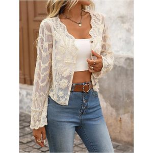 Women's Lace Floral Embroidered Blouse Balloon Sleeve Sheer Mesh Button Down <b>Top</b> Party Boho Style - Product Image 3