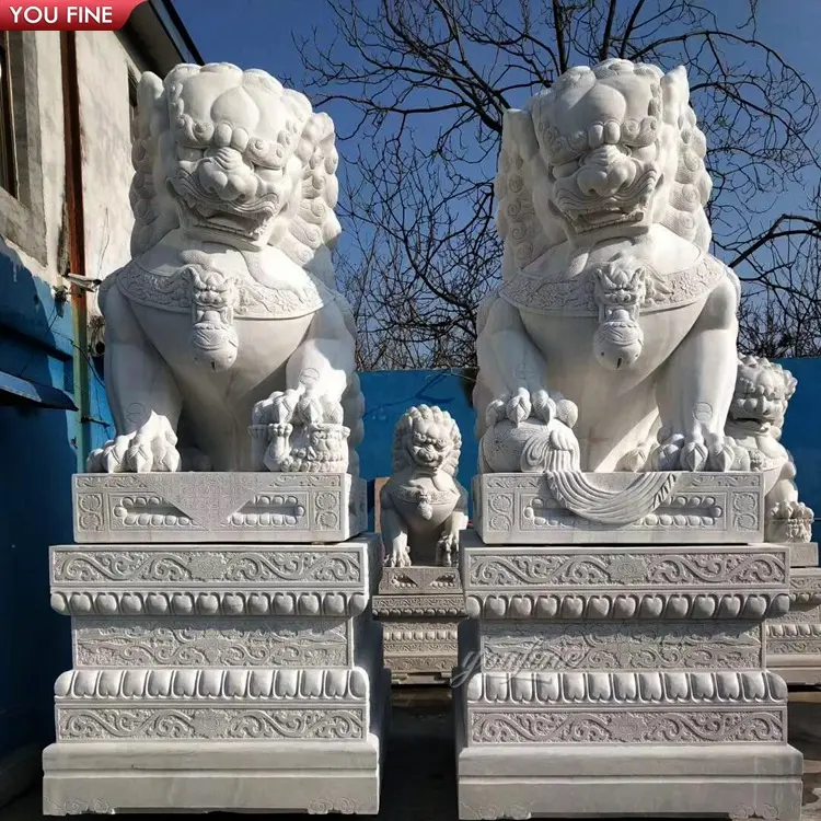 Stone Garden Statues Outdoor Garden Natural Stone Hand-Carved Marble Fu Dog Sculpture Chinese Lion Statue
