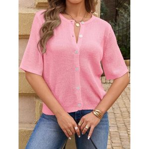 定制女式短袖短款开衫轻质针织纽扣上衣休闲夏季服装 - Product Image 2