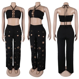 Viviblook Z1013ST04 New Sexy Hollow Halter <b>Vest</b> and Pants Plus Size 2 Piece Nightclub Outfit Set for <b>Women</b> - Product Image 2