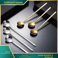 Cuillère ronde à long manche en acier inoxydable doré et argenté pour desserts, boissons, glaces, café