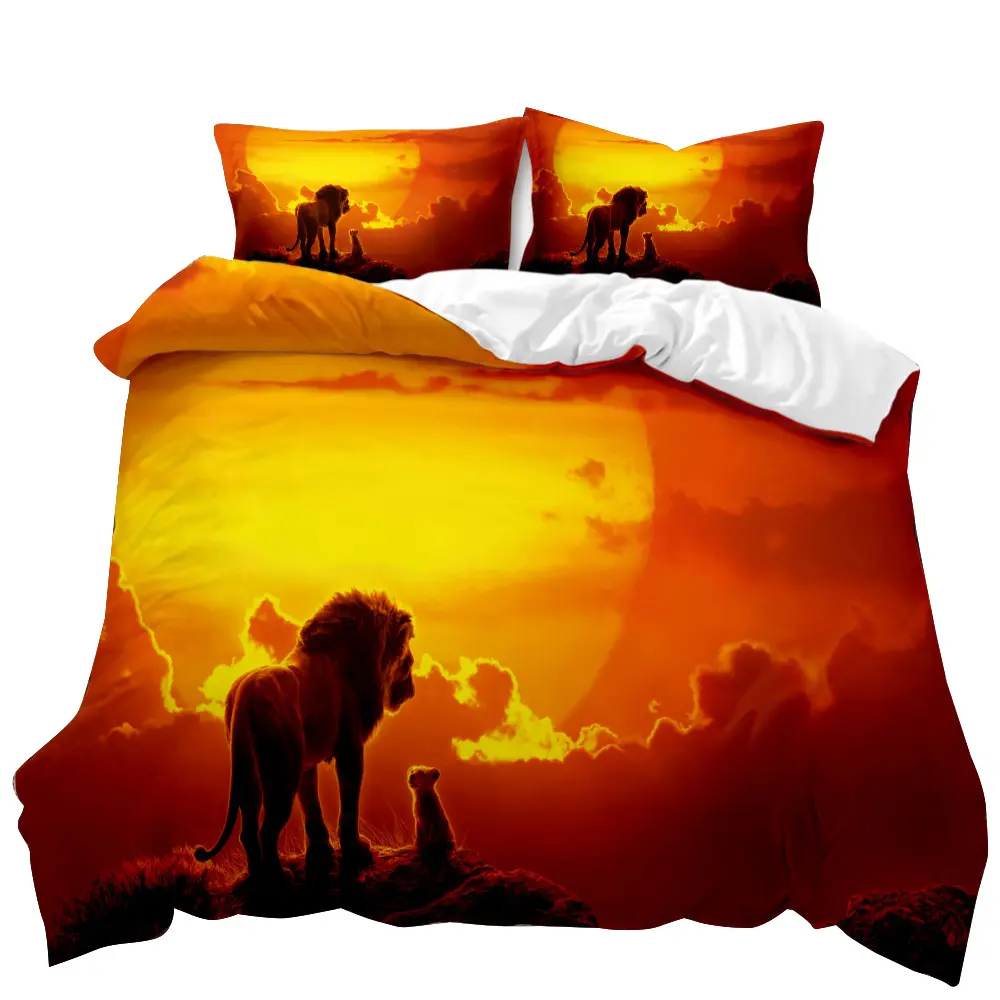 Moda al por mayor de lujo Simba león rey 3D hoja de cama edredón funda de almohada cubierta de sábanas ropa de cama conjunto