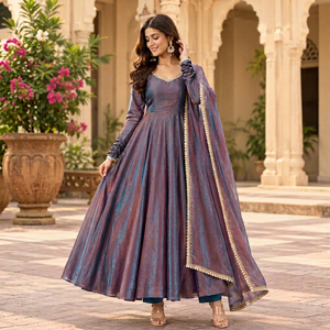 Salwar Kameez Lila Azul para Mujer, Estilo Indio/Pakistaní, Elegante, Holgado, Largo hasta el Suelo, para Bodas, Material Poliéster - Product Image 1