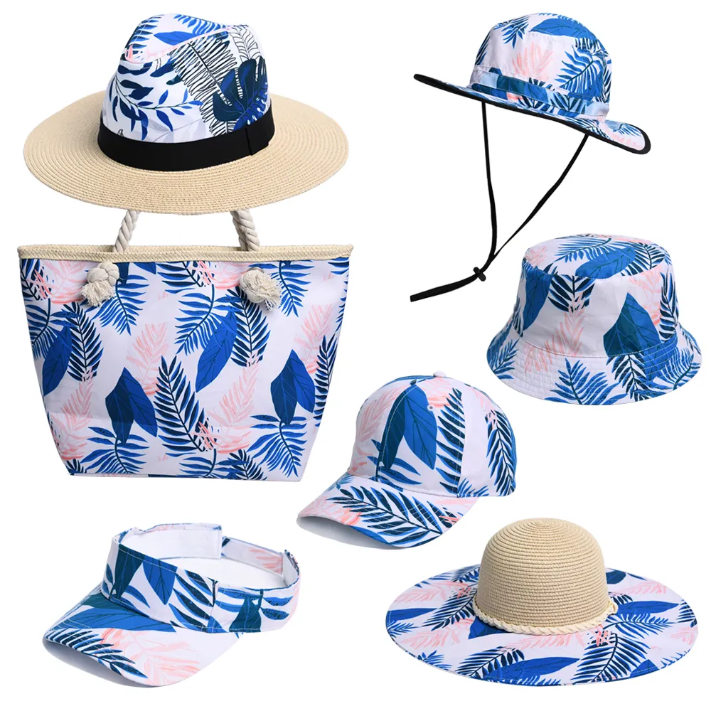 Personalized Lady's blue leaves Party Accessory bucket visor Sun Protection straw Hat And beach Bag Set