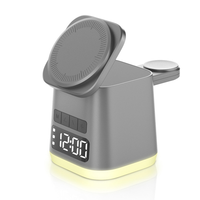 Foldable Multi Device 15W Fast Charging Station With Digital Alarm Clock & Adjustable Ambient Night Light for Smartphone