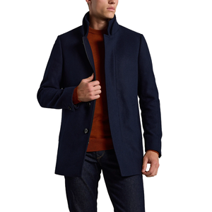 <strong>Men's</strong> Slim Fit Navy/Beige <strong>Funnel</strong> <strong>Neck</strong> Car <strong>Coat</strong> Woolen Merino <strong>Wool</strong> Overcoat with Button Decoration - Product Image 2