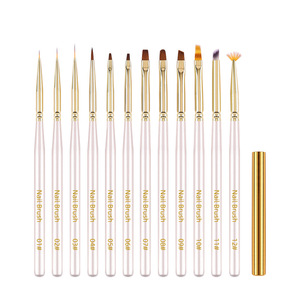 Ensemble de pinceaux de nail art avec logo personnalisé, manche en bois blanc, avec capuchon, ergonomiques, pour liner, dégradé, ombré, mélange, ovales, plats, ronds, pour gel - Product Image 1