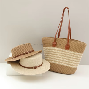 French Flat Straw Bag With Hat Fashion Women's Large Capacity 2 Pieces <b>Tote</b> Bag Seaside Holiday Handbag Shoulder Bag - Product Image 4