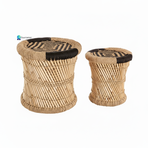 Ensemble de 2 tabourets tissés en bambou et rotin naturel, table d'appoint tissée à la main pour meubles de salon modernes, couleur noire et noire - Product Image 1