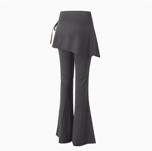 Leggings de yoga taille haute pour femme avec jupe asymétrique et ourlet évasé, marron uni, en polyester extensible quadridirectionnel, taille élastique - Product Image 3