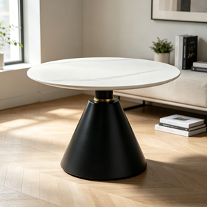 Table d'appoint de luxe en pierre frittée ronde, plateau veiné blanc, base conique noire avec anneau doré, table de salon, table d'hôtel - Product Image 3