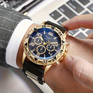 ชุดของขวัญนาฬิกาข้อมือผู้ชายสุดหรู 4 ชิ้น พร้อมอุปกรณ์เสริมสำหรับผู้ชาย สายซิลิโคน นาฬิกาหน้าปัดใหญ่ สร้อยคอรูปลูกศร กำไลข้อมือ และแหวน - Product Image 5